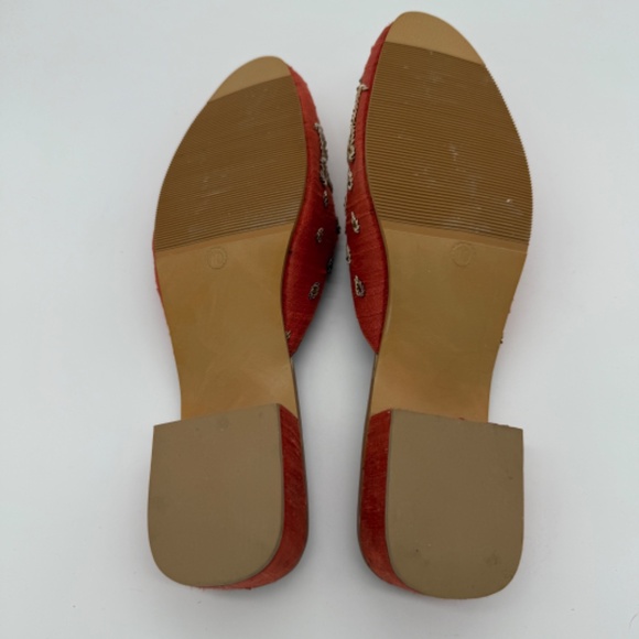 Exotic Orange Dupioni Silk Embroidered Slides w/ Gold Beading | Size 10 - Picture 8 of 11